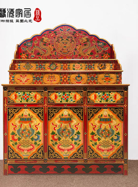 藏式实木三层佛龛供桌供台中式彩绘佛柜藏传密宗西藏神台立柜神龛