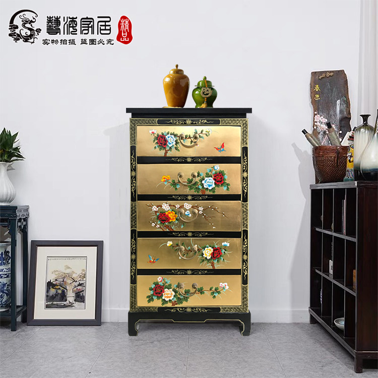 新中式实木纯手工贴金彩绘漆柜仿古五斗柜装饰复古家具新古典精品
