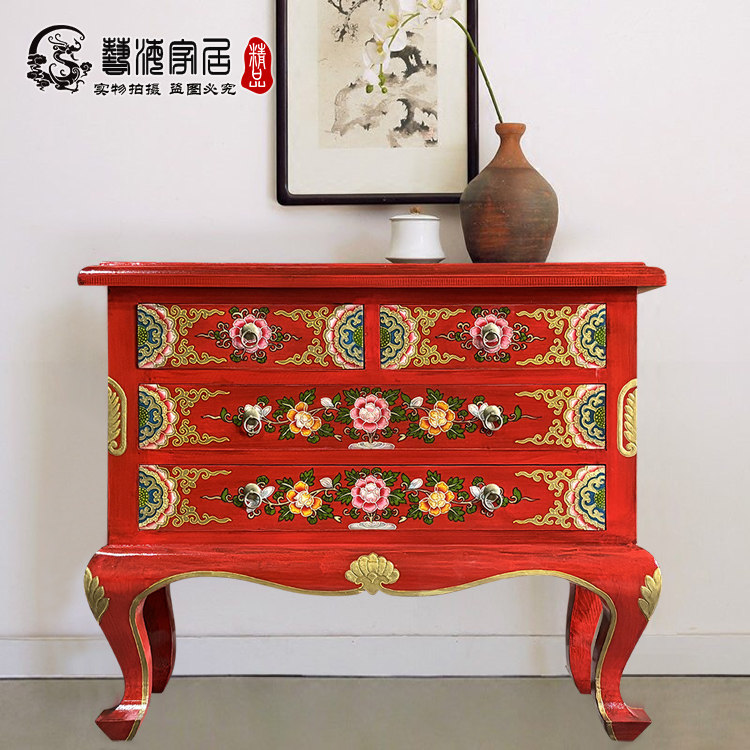 中式仿古玄关柜门厅柜实木新古典玄关柜装饰柜客厅鞋柜彩绘漆柜