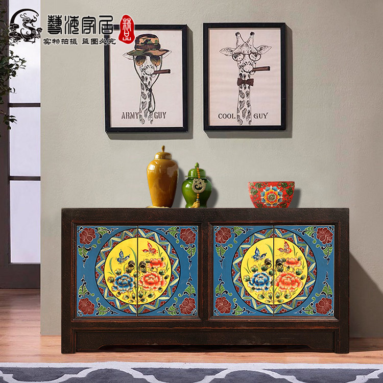 新中式家具古典鞋柜手绘实木门厅玄关柜仿古餐边柜彩绘角柜墙边柜