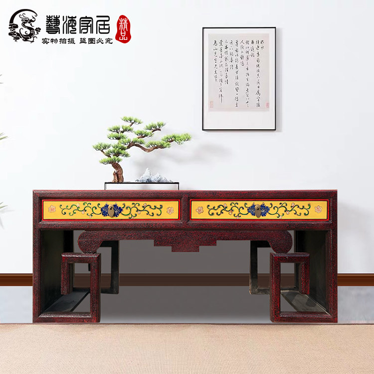 现代中式实木家具梳妆前台式迎宾接待收银桌复古彩绘书桌写字书桌