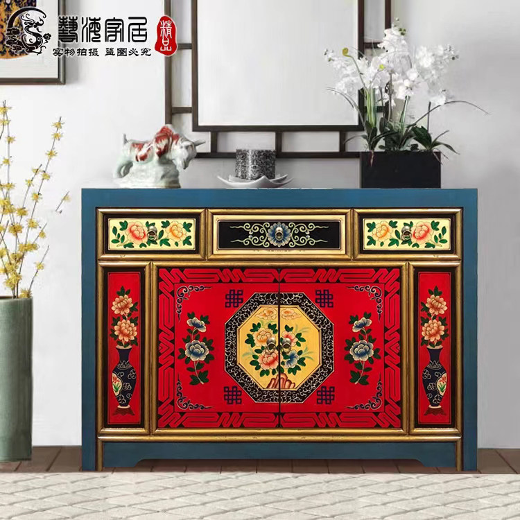 新中式玄关柜花卉装饰柜彩漆鞋柜新古典仿旧做旧门厅鞋柜客厅立柜