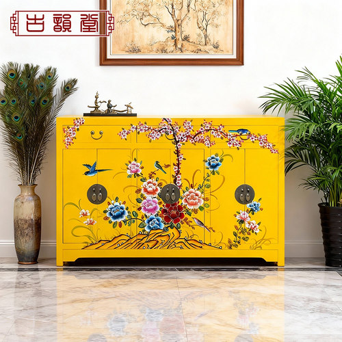 实木客厅复古风隔断手绘玄关柜