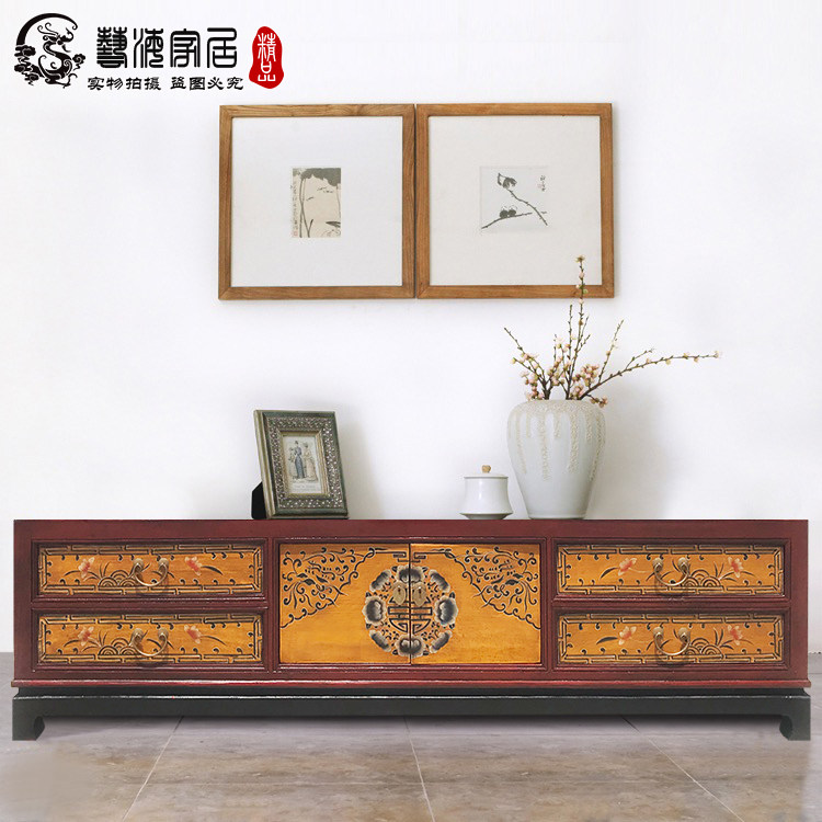 新中式电视柜 彩绘仿古客厅地柜 实木古典装饰边柜炕柜储物柜包邮