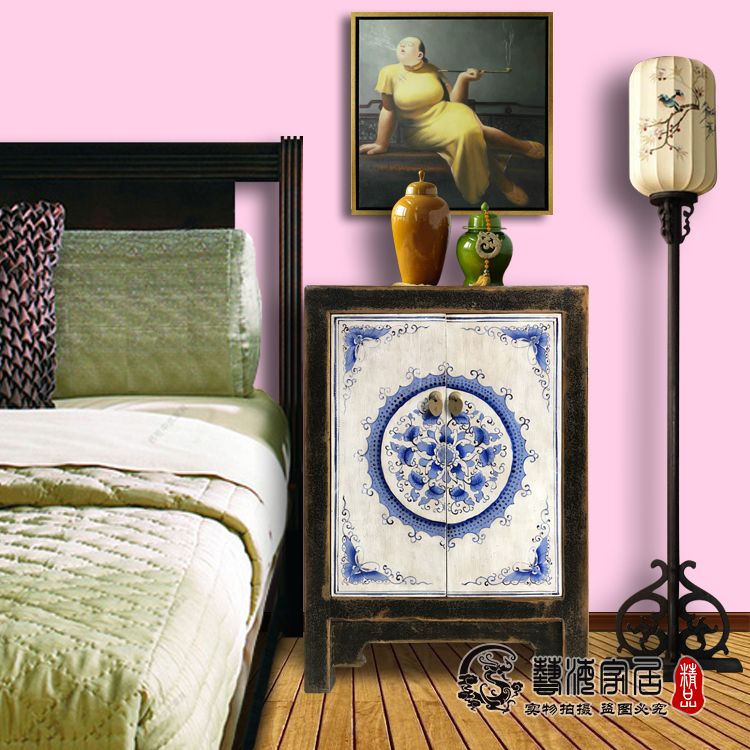 彩绘家具仿古青花床头柜鞋柜衣柜电视柜门厅柜展柜书柜储物柜壁柜