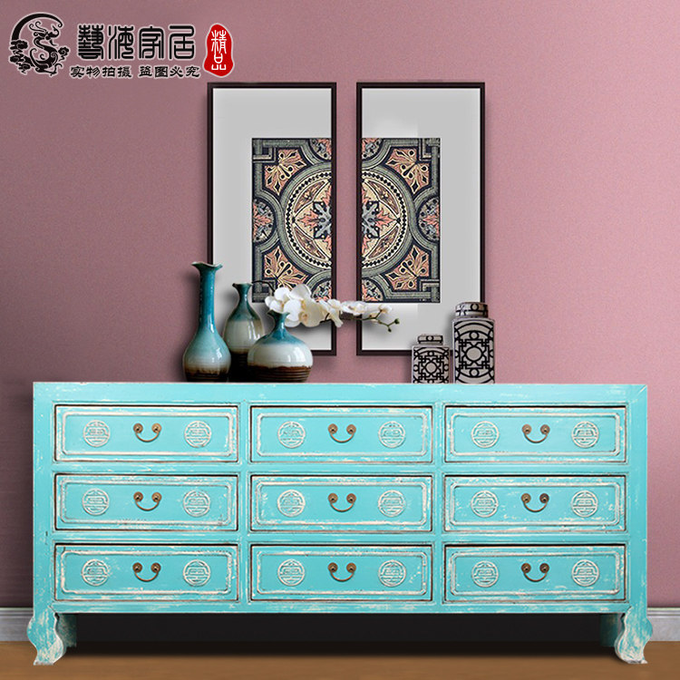 中式九屉柜复古茶水柜仿古家具多屉柜仿旧餐边柜装饰彩漆备餐柜