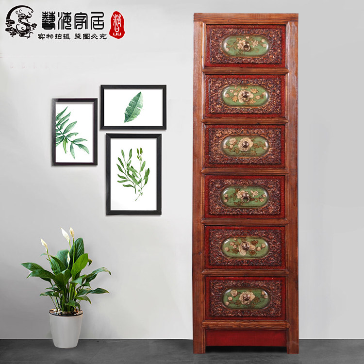 明清古典实木彩绘贴金斗柜做旧装饰边柜手绘玄关柜门厅雕刻存储柜
