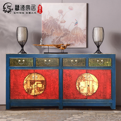 两门做旧复古风实木手绘玄关柜