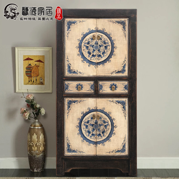 新古典手绘青花可定做仿古彩绘书柜现代中式衣柜鞋柜餐边柜装饰柜