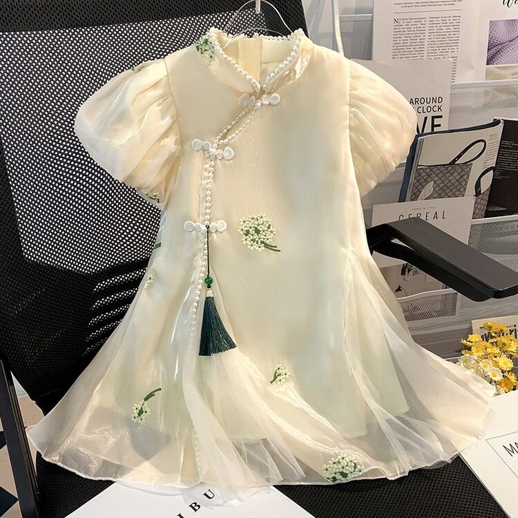女童泡泡袖网纱旗袍裙2025夏季新款儿童国风中式珍珠领盘扣公主裙