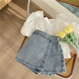 Летний детский комплект, рубашка, джинсовая юбка, в корейском стиле, короткий рукав