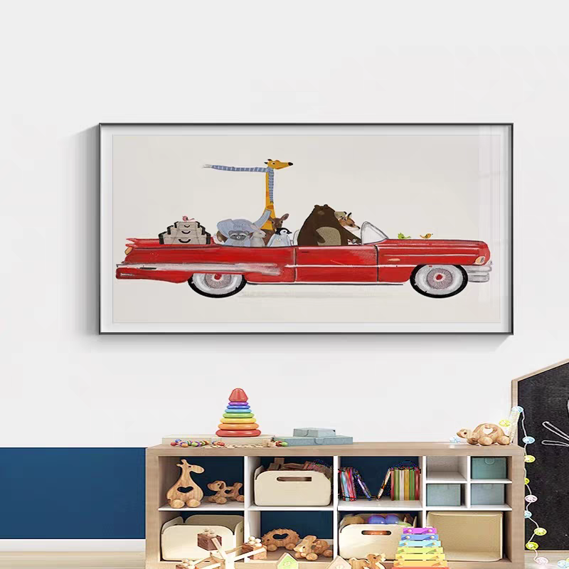 儿童房装饰画男孩卧室房间墙面壁画动物美式复古汽车床头挂画图片