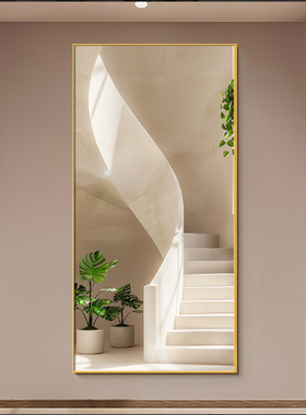 2025新款步步高升挂画入户玄关装饰画楼梯间过道尽头绿色植物壁画