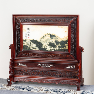 红木屏风酸枝木天然大理石实木插屏台屏明清桌面玄关供桌条案摆件