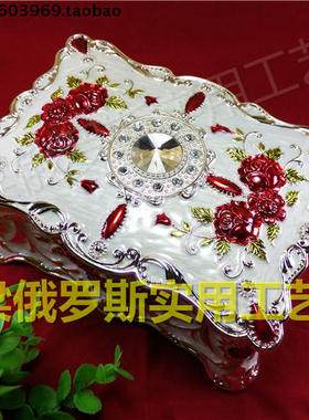ZW特价锡金属珠宝首饰盒长方形双层大号向日葵角圆钻银白色红玫瑰