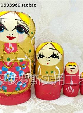 Z33 特价清仓俄罗斯美女套娃5层金丝娃烫金底粉红色蓝色花实桦木