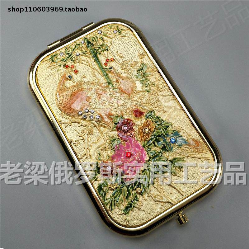 Z9俄罗斯锡金属双面折叠化妆镜子长方形大号镶钻金色竹林孔雀釉彩