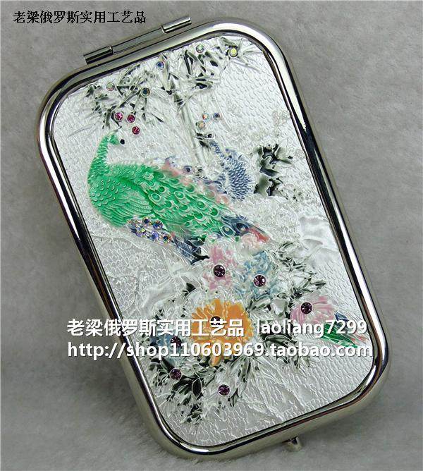 Z1俄罗斯锡金属双面折叠随身化妆镜子长方形大号镶钻白色竹林孔雀