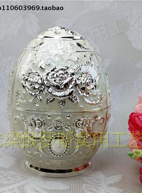 Z2特价俄罗斯锡金属牙签筒罐盒彩蛋形银边白色银玫瑰按压开启厚重