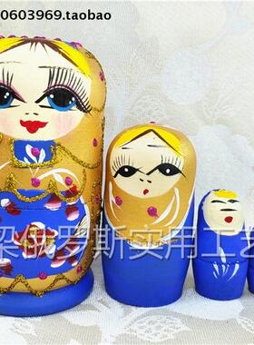 Z-4特价清仓俄罗斯美女套娃直筒5层油金丝烫金底蓝色深红花实桦木