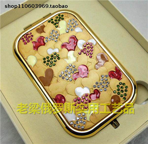 Z2特价俄罗斯合金属双面折叠化妆镜子长方形大号镶钻金色缤纷爱心