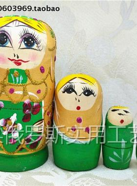 Z2 特价清仓俄罗斯美女套娃直筒5层金丝娃烫金绿色深红色花实桦木