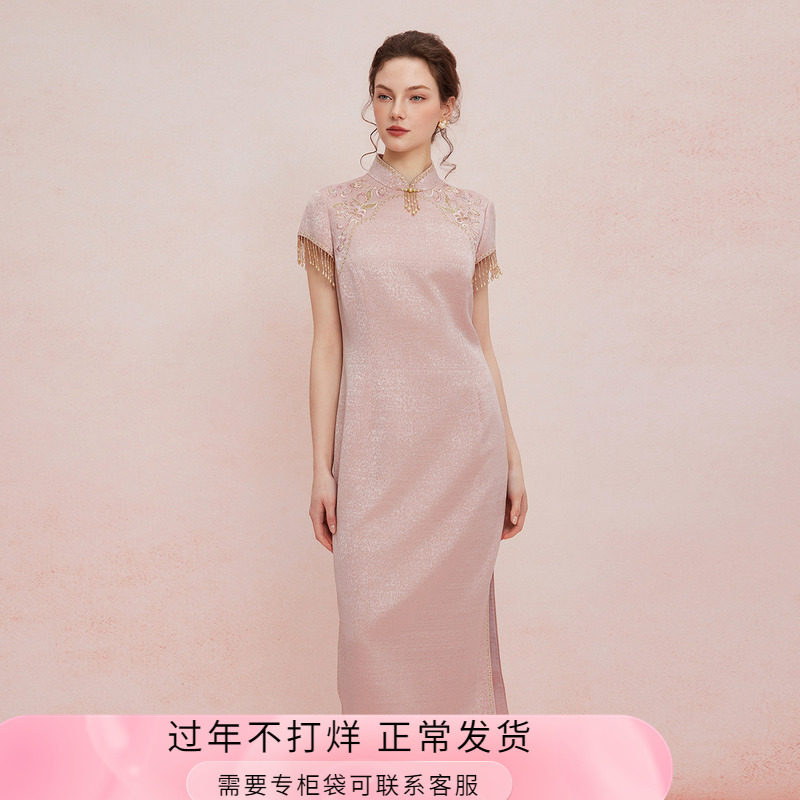 斯尔丽25新款提花精致绣花改良旗袍领口袖口流苏钉珠礼服连衣裙