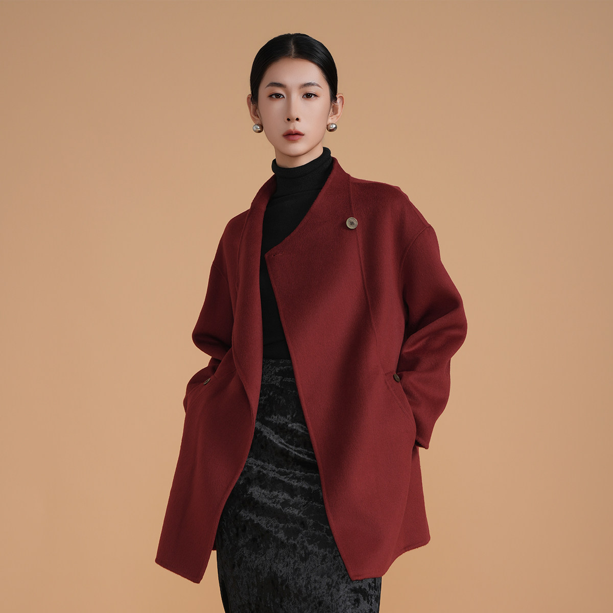 斯尔丽轻熟优雅风立领毛呢外套女中长款气质通勤大衣