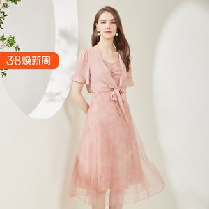 斯尔丽瑟俪2023夏季披肩吊带两件套温柔A摆显高显瘦连衣裙