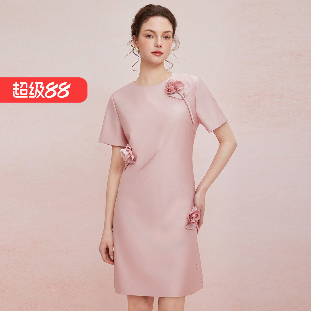 斯尔丽2025夏季新款立体盘花直身显瘦圆领宴会小礼服连衣裙