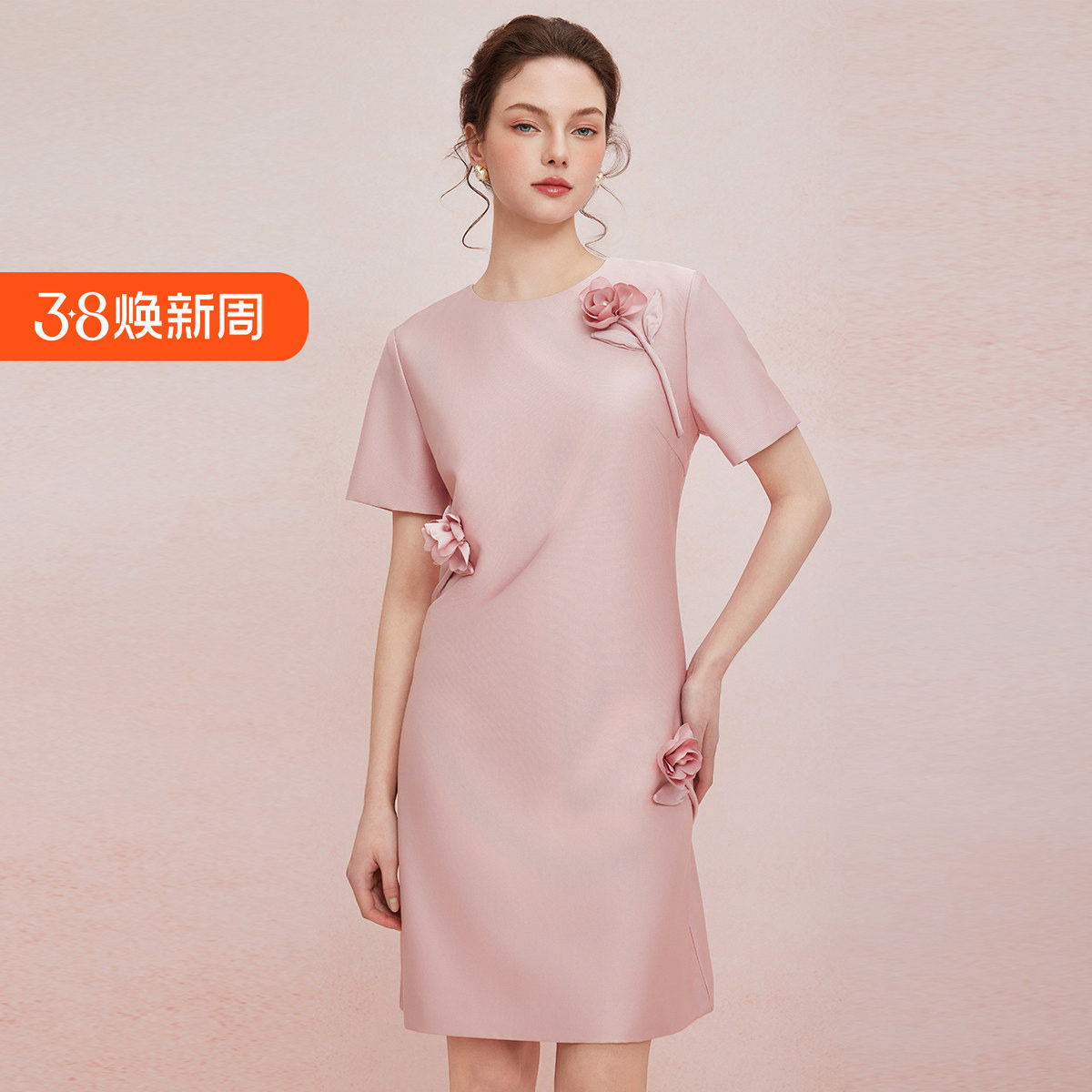 斯尔丽2025夏季新款立体盘花直身显瘦圆领宴会小礼服连衣裙