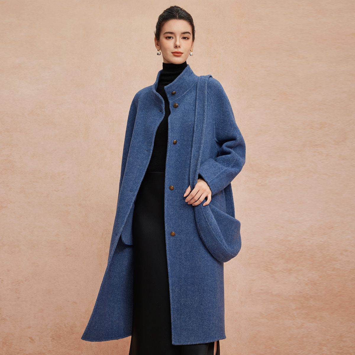 斯尔丽25新款含山羊绒棉羊毛轻柔廓形宽松配同面料羊绒斜挎包大衣