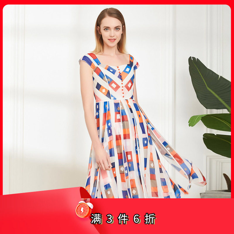斯尔丽夏季新品 波西米亚吊带 一字领 修身中长款连衣裙