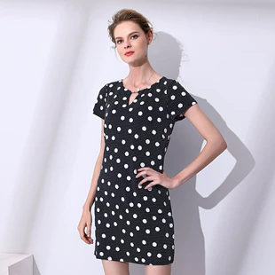 圆领短袖 斯尔丽瑟俪夏季 新品 宽松直筒裙波点印花气质连衣裙