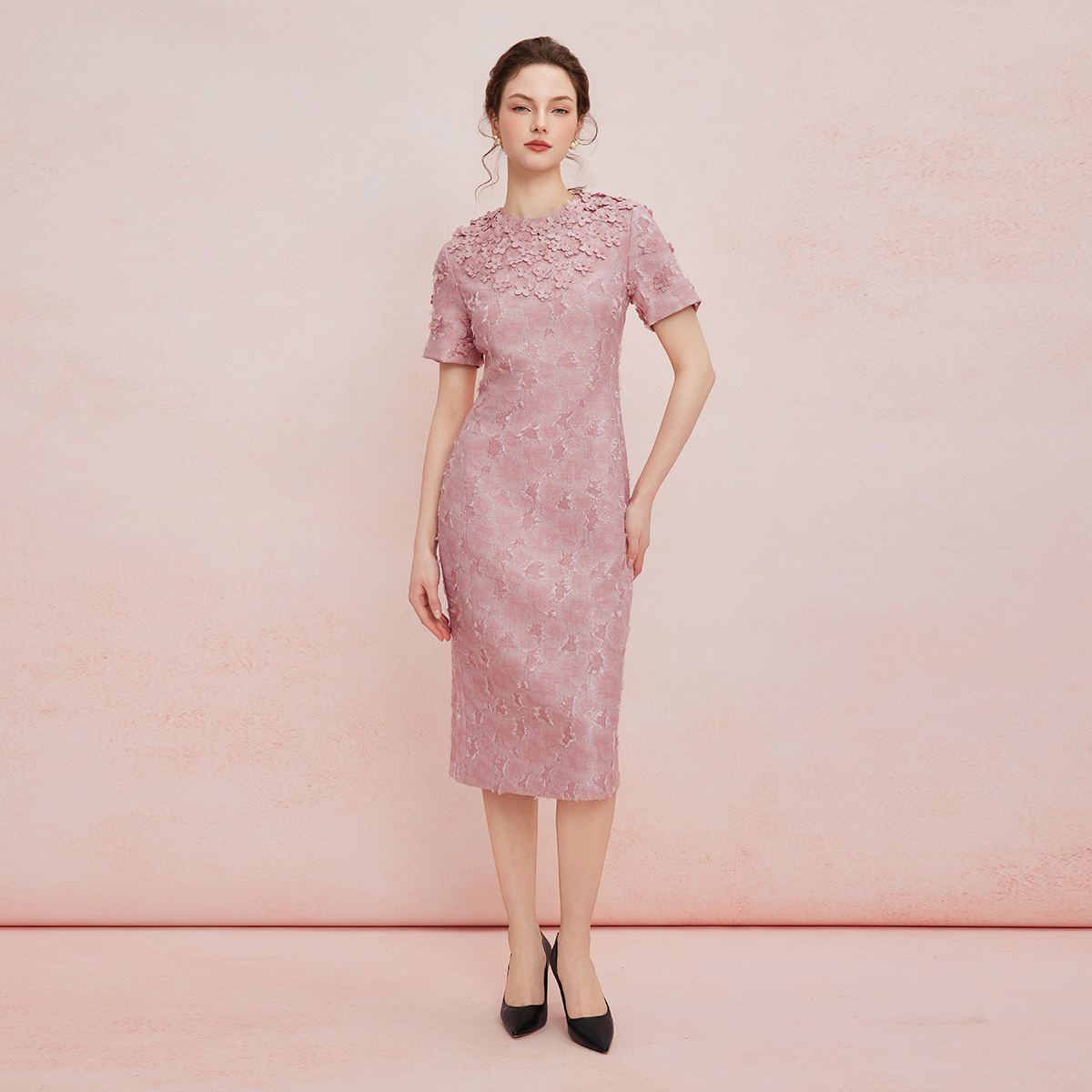 斯尔丽25夏季新款礼服商场同款礼服提花面料立体手工缝制连衣裙