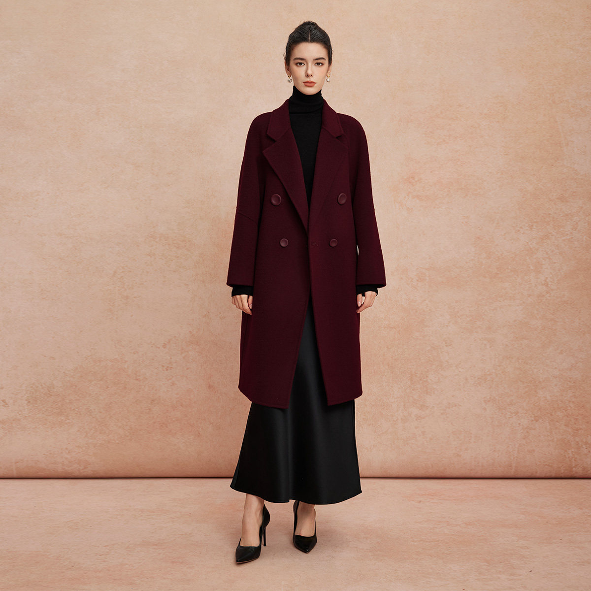 斯尔丽25新款纯羊毛双面呢廓形设计感磨砂扣时尚大气中长款大衣