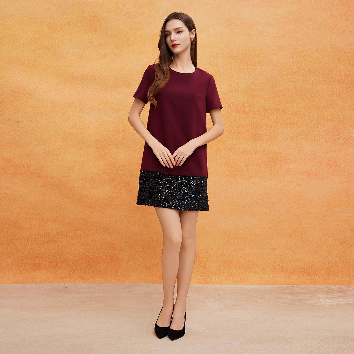 斯尔丽2025春季新款宴会轻奢小礼服直身膝上显高拼接亮片连衣裙