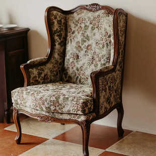 美式实木小户型老虎椅客厅卧室高背休闲椅法式阳台提花单人沙发