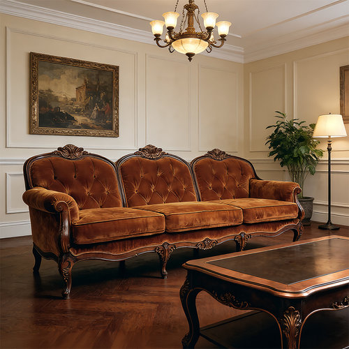 法式复古雕花丝绒焦糖色三人位欧式古典实木拉扣客厅高端网红沙发