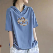潮牌大码 品牌外贸出口清仓纯棉短袖 t恤女宽松时尚 显瘦连帽上衣夏