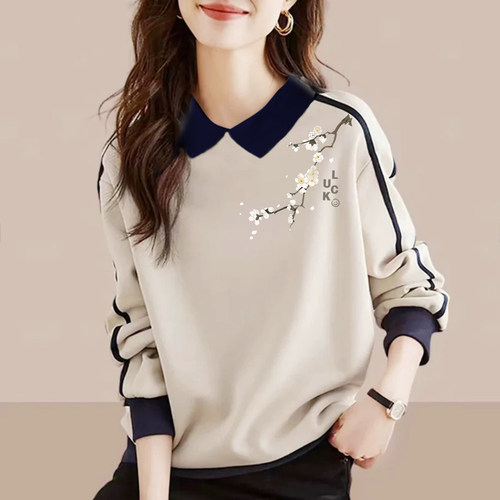 国风印花纯棉长袖卫衣女翻领上衣