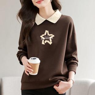 上衣假两件纯棉polo衫 减龄长袖 翻领女士卫衣春秋新款 外贸品牌女装