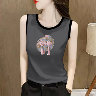 背心女圆领纯棉内搭遮肉显瘦打底衫 印花无袖 上衣 时尚 外贸原单女装
