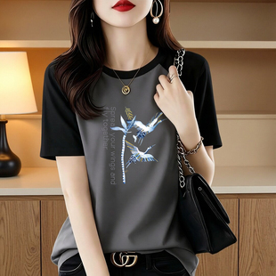 时尚 宽松显瘦减龄纯棉半袖 撞色短袖 休闲体恤衫 上衣 T恤女大码 韩版