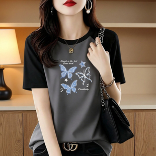 宽松体恤衫 外贸原单女装 T恤女大码 撞色短袖 洋气减龄纯棉上衣 韩版