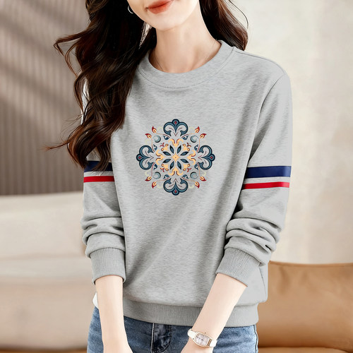 时尚印花圆领卫衣女纯棉长袖上衣