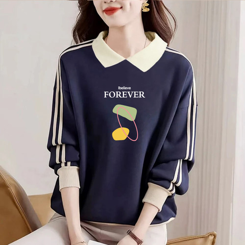 时尚拼色纯棉长袖卫衣翻领打底衫