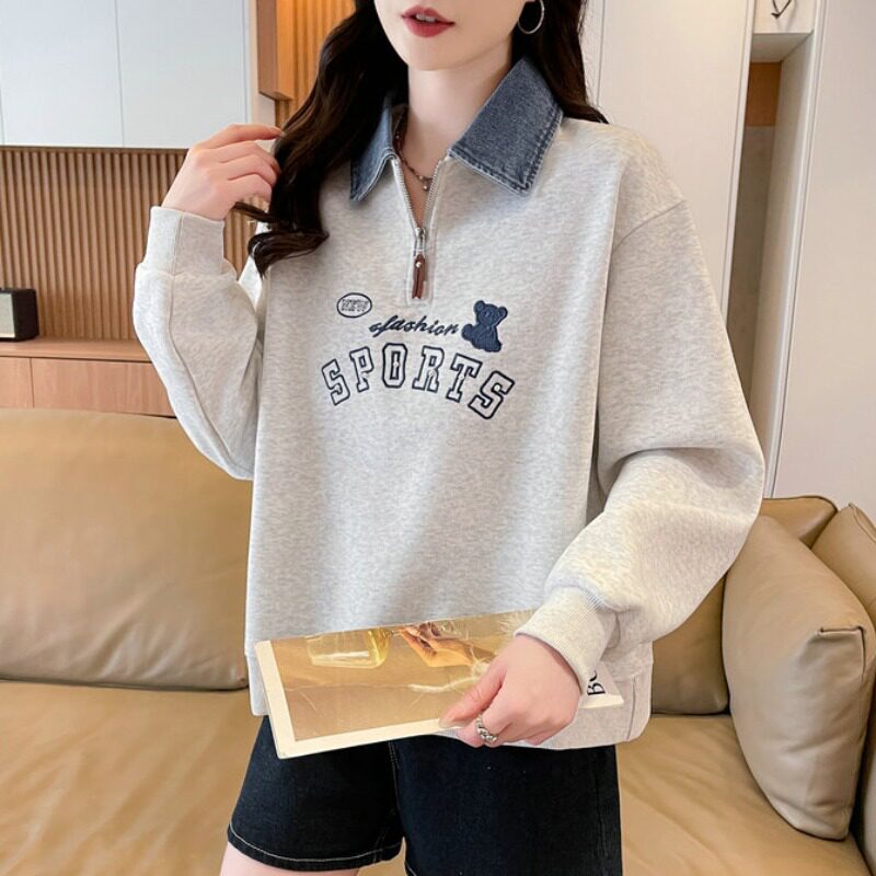 外贸原单女装卫衣女士复古学院风宽松上衣大码翻领拉链上衣打底衫