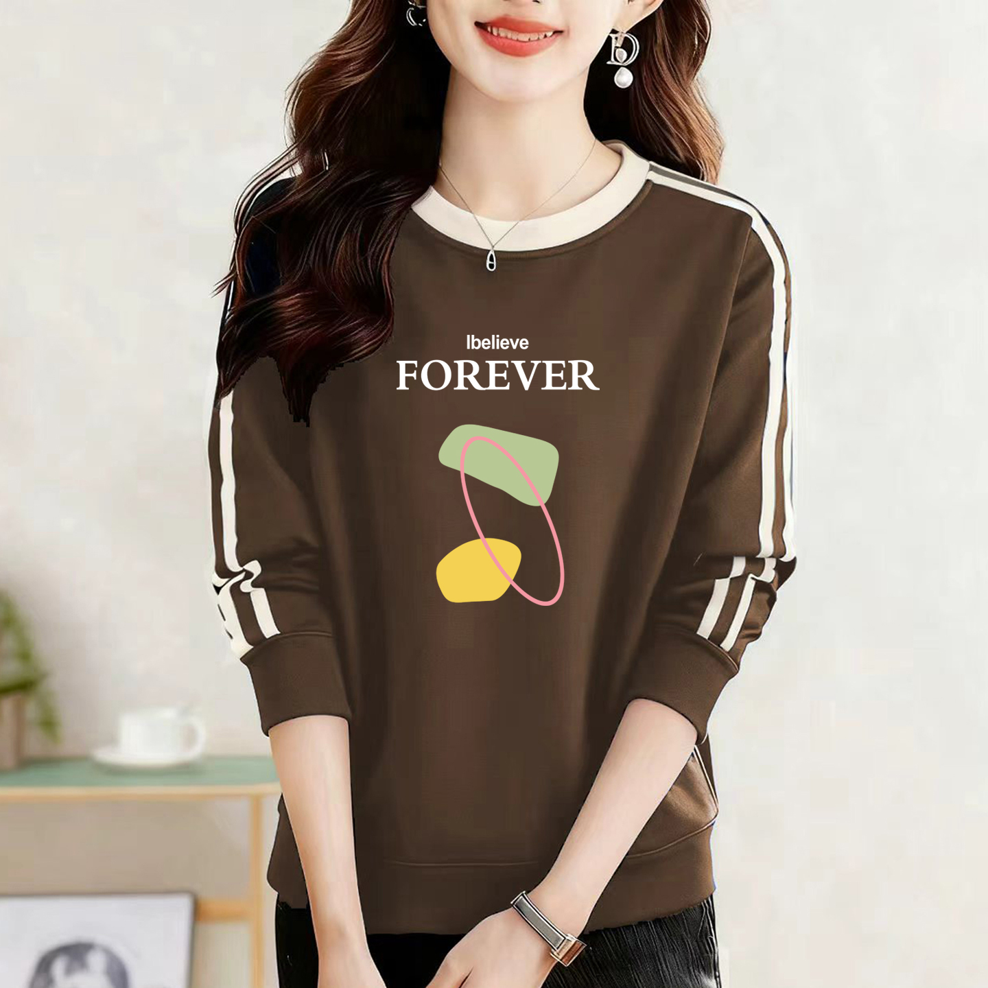 纯棉卫衣气质拼色长袖打底衫上衣