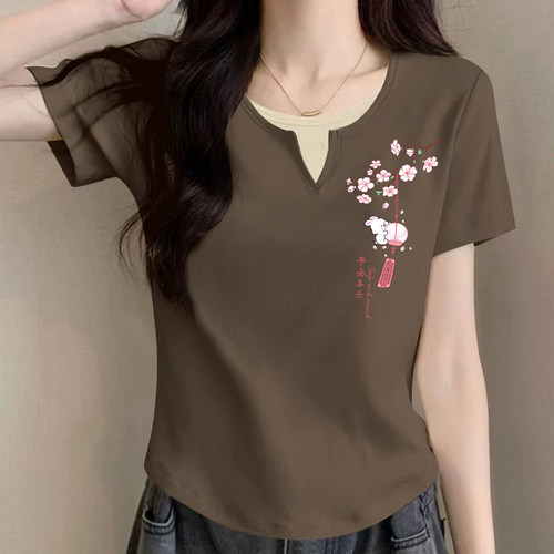 短袖纯棉t恤假两件上衣国风女服